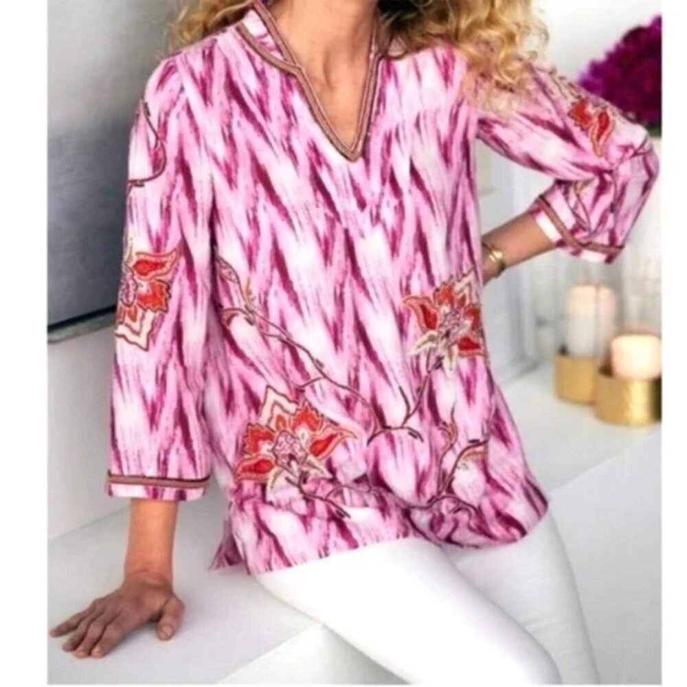 Soft Sorroundings Altea Floral Tie Dye Print Beaded Embroidered Tunic